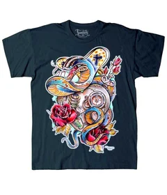 Прикольные футболки: тату змея и розы черн 